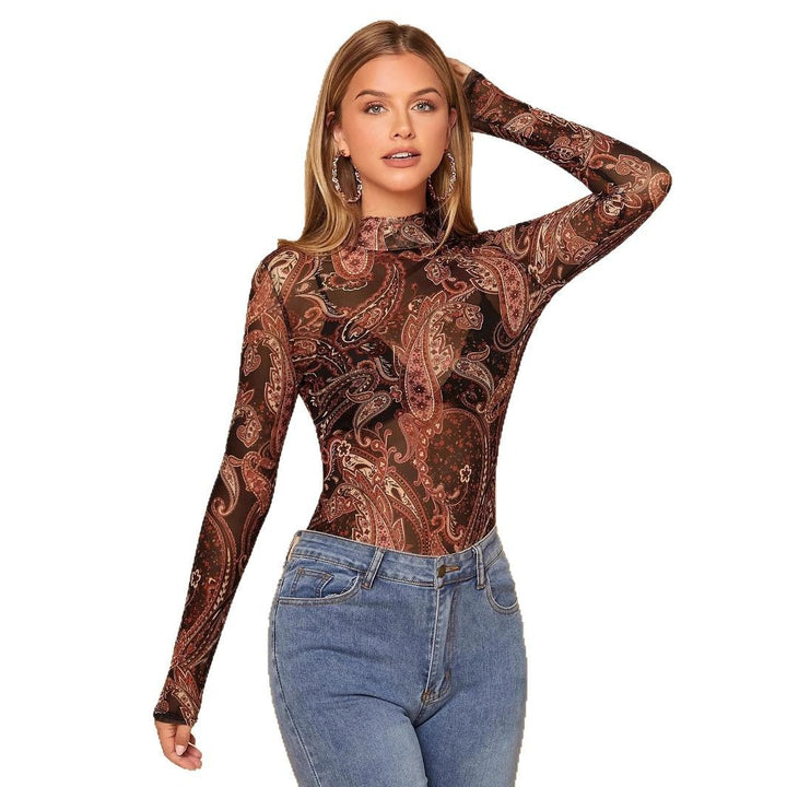 Women’s figure-hugging semi-transparent paisley mesh shirt with stand-up collar and long sleeves Mune Fashion