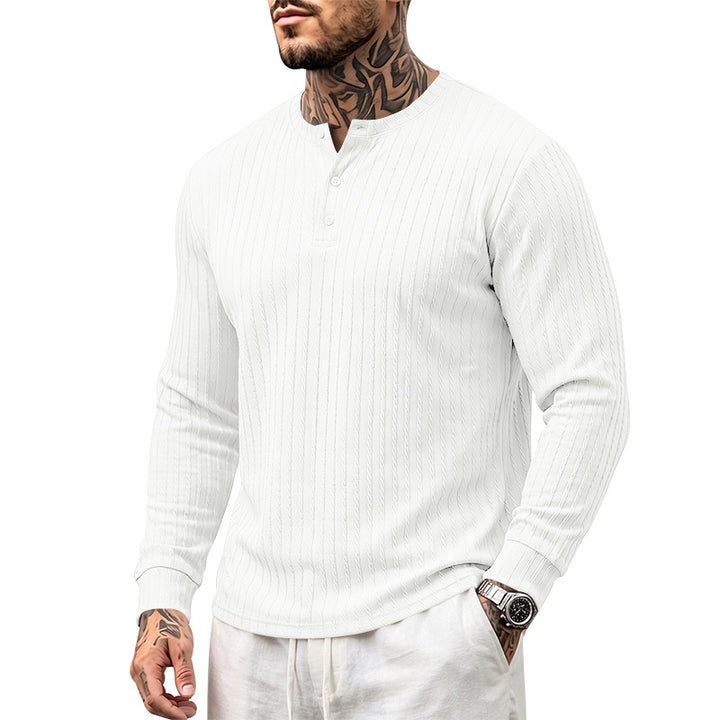 Men's Textured Long Sleeve Henley Shirt with Stand Collar and Cable Knit Mune Fashion