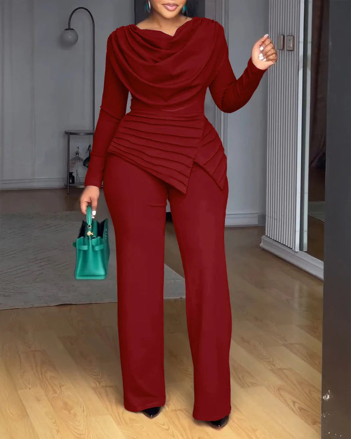 Women's Two-Piece Set with Waterfall Draped Top, Tiered Peplum and Straight Pleated Trousers Drune
