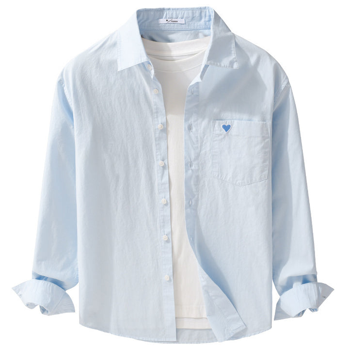 Men's Lightweight Cotton Overshirt with Chest Pocket and Subtle Heart Embroidery Mune Fashion