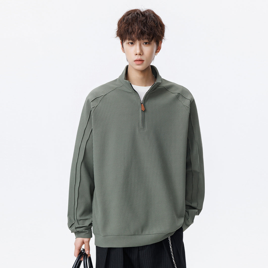 Unisex Waffle Structure Half-Zip Pullover with Stand-Up Collar and Oversized Cut Drune
