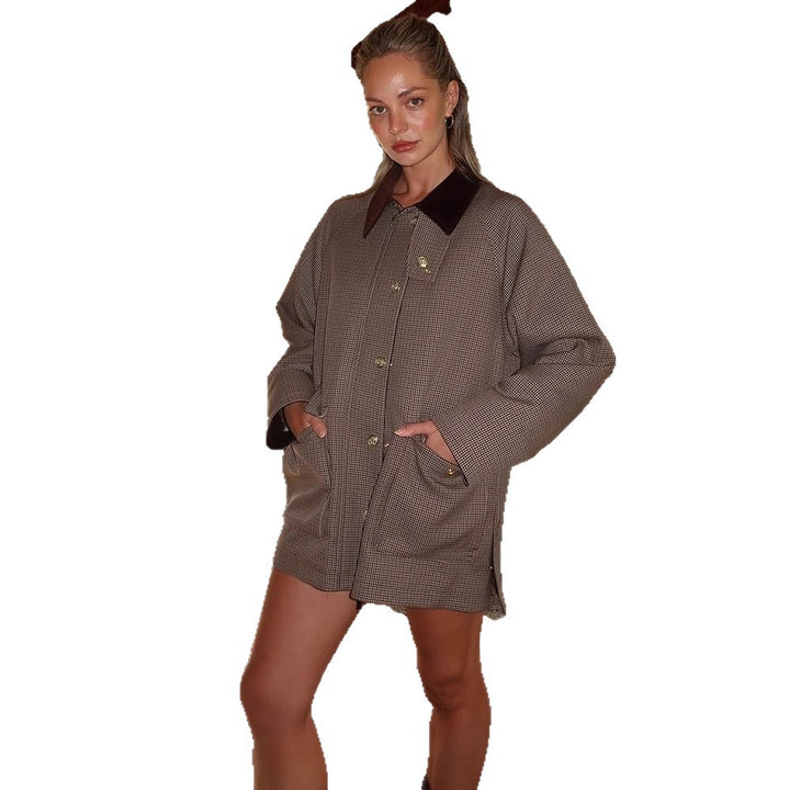 Women Oversize Boxy Jacket in Glencheck with Velvet Collar and Golden Decorative Buttons Mune Fashion