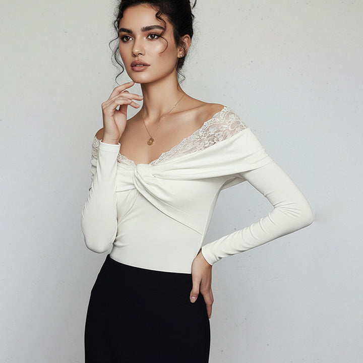 Ladies Elegant Bodysuit with Lace Collar Mune Fashion