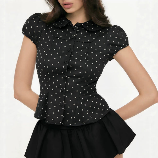 Ladies plaid blouse with Peter Pan collar, tailored peplum silhouette and puff sleeves Drune