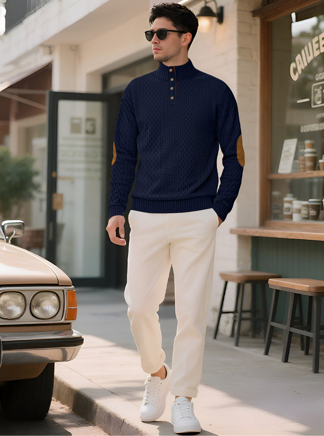 Men's noble button sweater in cable pattern with high stand-up collar and suede elbow patches Mune Fashion