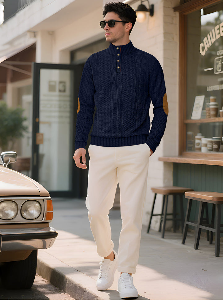 Men's noble button sweater in cable pattern with high stand-up collar and suede elbow patches Mune Fashion