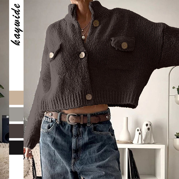 Women's cozy cardigan with wooden buttons and breast flap Mune Fashion