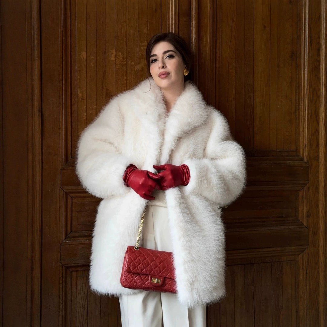 Women's Mid-length fluffy teddy faux fur coat with standing shawl collar Mune Fashion