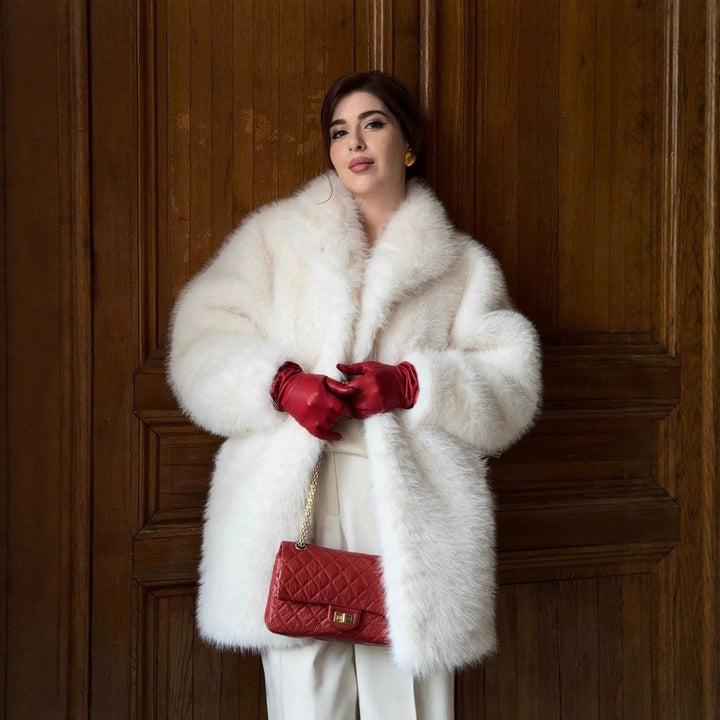 Women's Mid-length fluffy teddy faux fur coat with standing shawl collar Mune Fashion