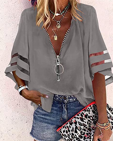 Women V-neck blouse with decorative ring zipper and cut-out sleeves Mune Fashion