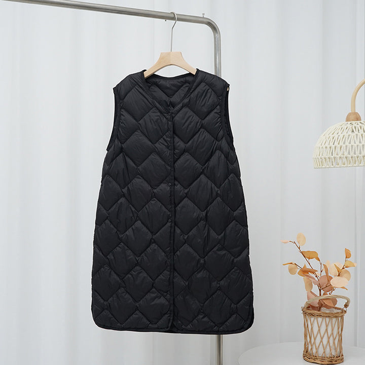 Women's Long Quilted Vest with V-Neck and Diamond Quilting Mune Fashion