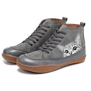 Women's ankle-high sneakers with cute cat motif embroidery and ergonomic comfort insole Mune Fashion