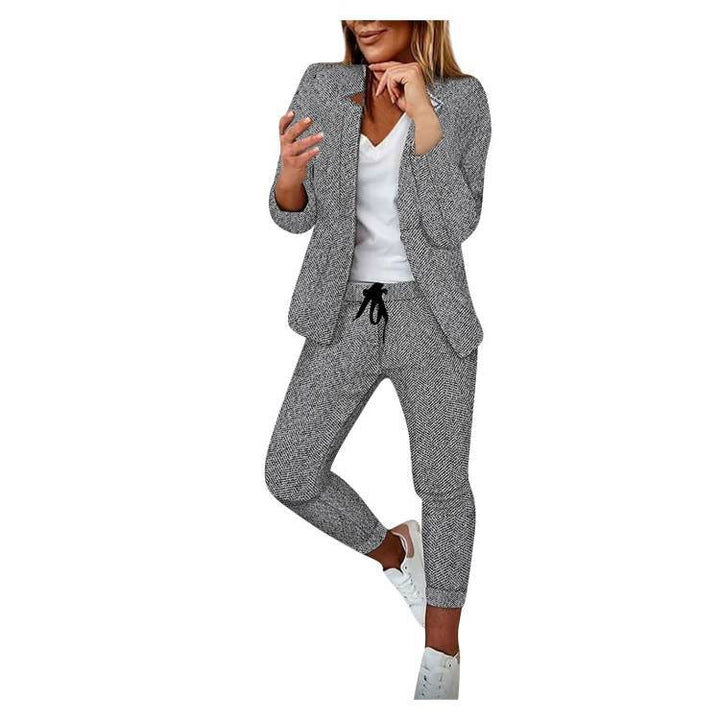 Women Casual-Tailoring Two-Piece Set with Structured Long Blazer and Drawstring Jog Pants Mune Fashion