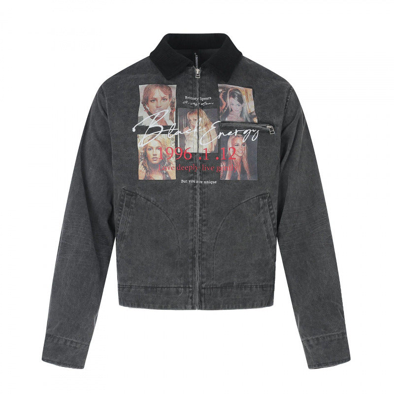 Men's Short-Cut Canvas Bomber Jacket with Cord Collar and Large Photo Collage Print Mune Fashion