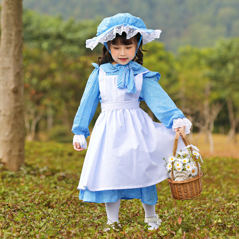 Women's Vintage Farmer Dress with Romantic Ruffles and Matching Hat Mune Fashion