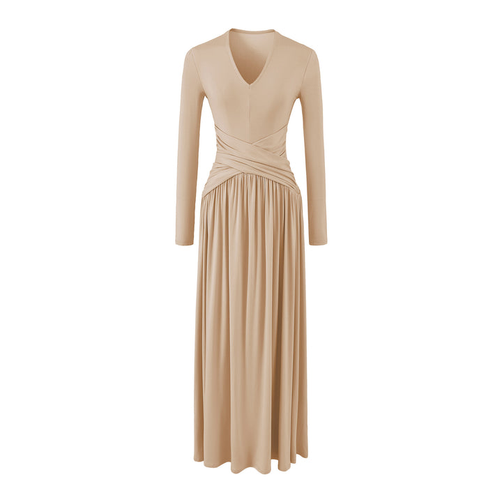 Women's V-Neck Maxi Wrap Dress Made of Jersey with Gathered Waist Section Mune Fashion