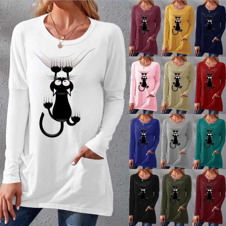 Women’s Longer Cotton Blend Tunic Shirt with Cartoon Cat Print and Side Pockets Mune Fashion