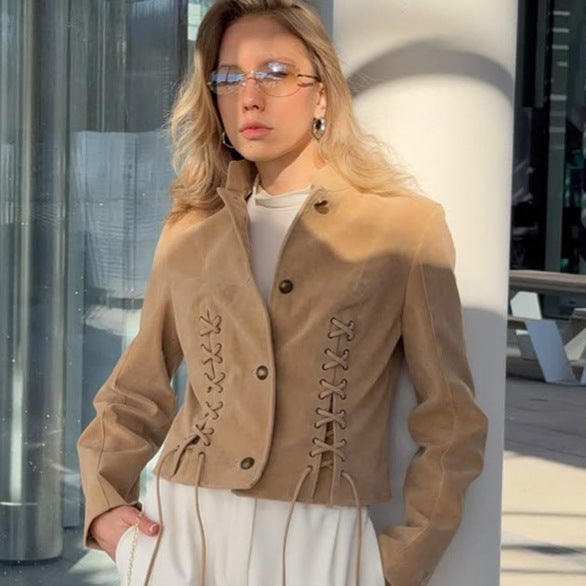 Women's short blazer made of suede with a fitted lace-up corset and stand-up collar Mune Fashion