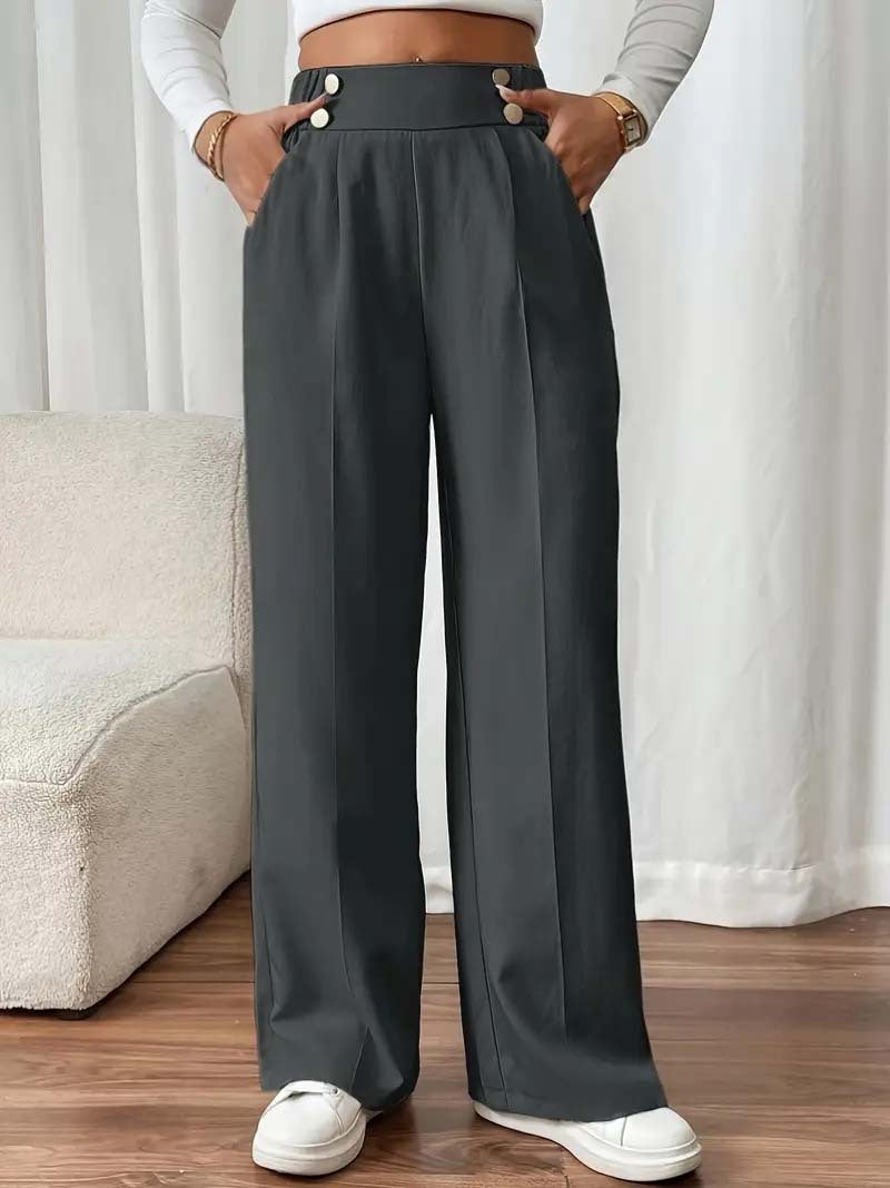 Women's High-Waisted Wide Palazzo Pants with Button Closure, Crease and Side Pockets Mune Fashion