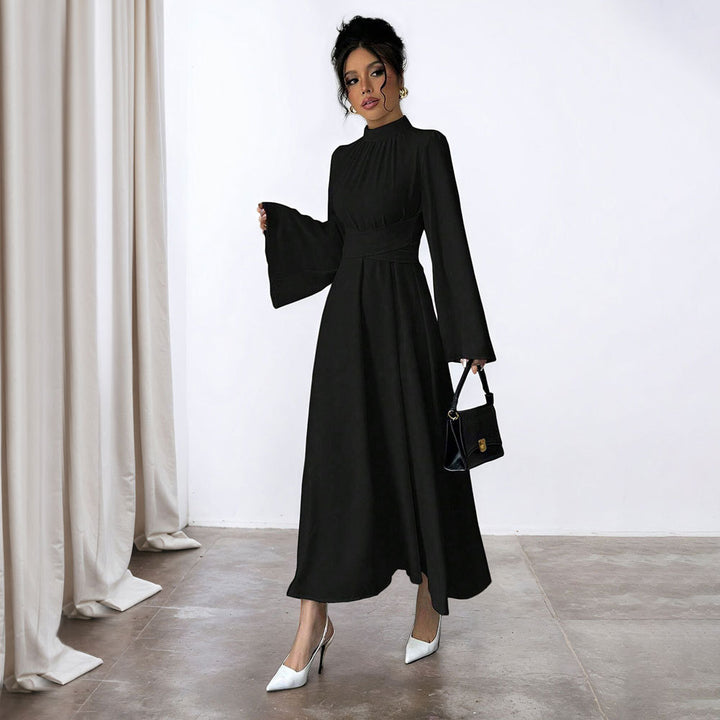 Ladies' elegant maxi dress with stand-up collar, gathered waistline and flared A-line skirt Mune Fashion
