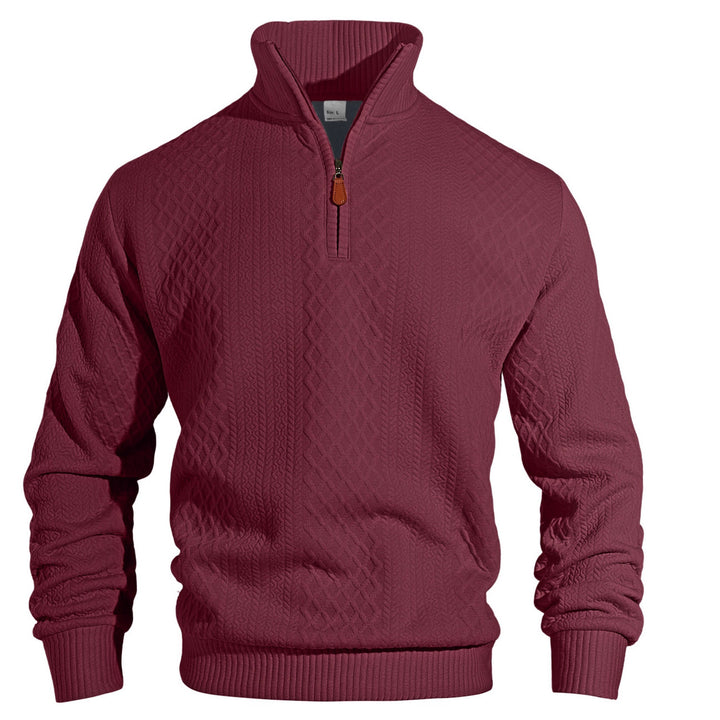 Men's half-zip pullover in fine-structured jacquard relief with high stand-up collar and leather zipper Mune Fashion