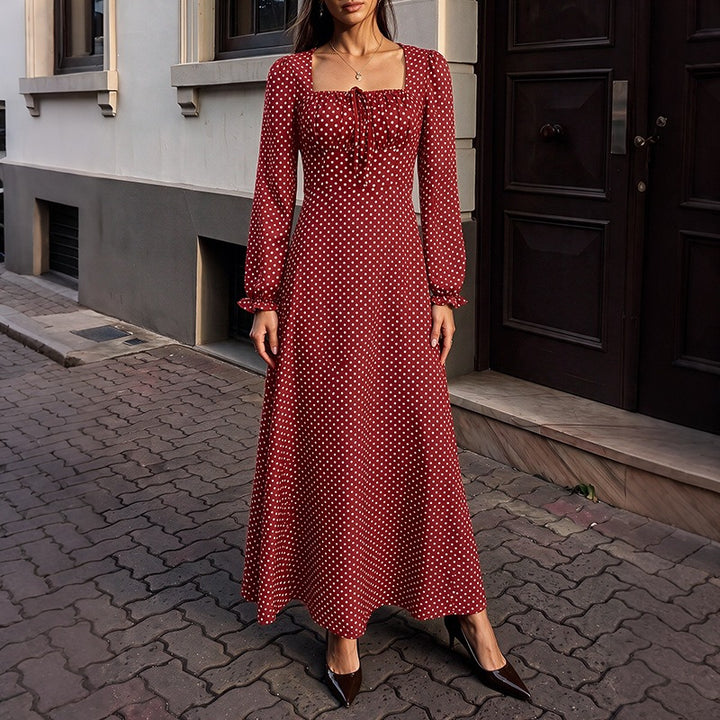 Women’s Retro Maxi Dress with Square Neckline, Ruched Bust Area and Long Sleeves Mune Fashion