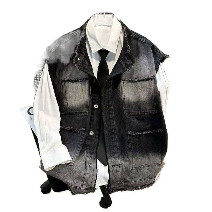 Men's Sleeveless Denim Vest in Vintage Used Look with Frayed Hem and Ombre Fading Mune Fashion