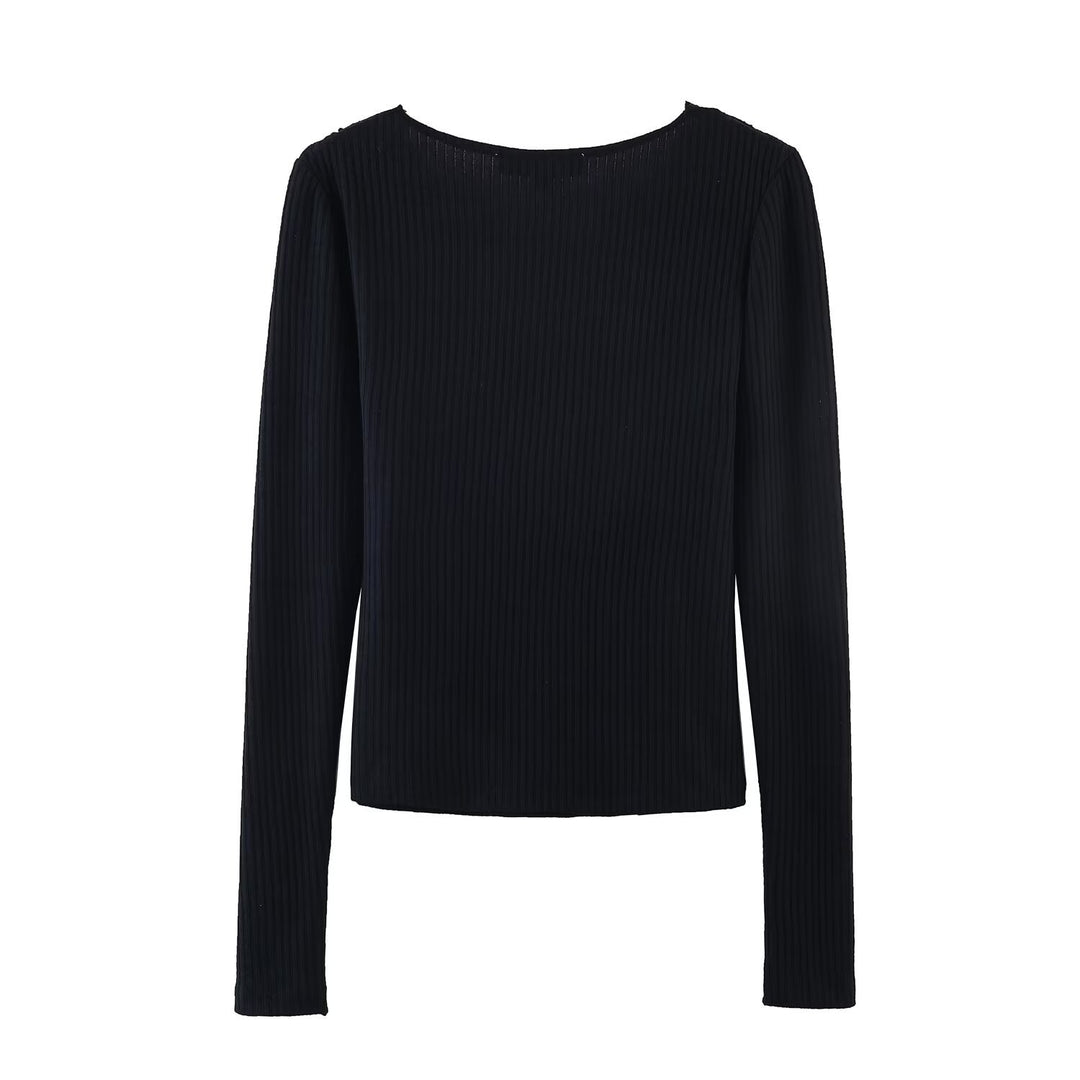 Women Ribbed Cropped Long Sleeve Top with Lace V-Neck and Tie Mune Fashion