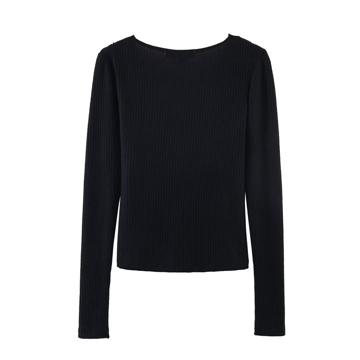 Women Ribbed Cropped Long Sleeve Top with Lace V-Neck and Tie Mune Fashion