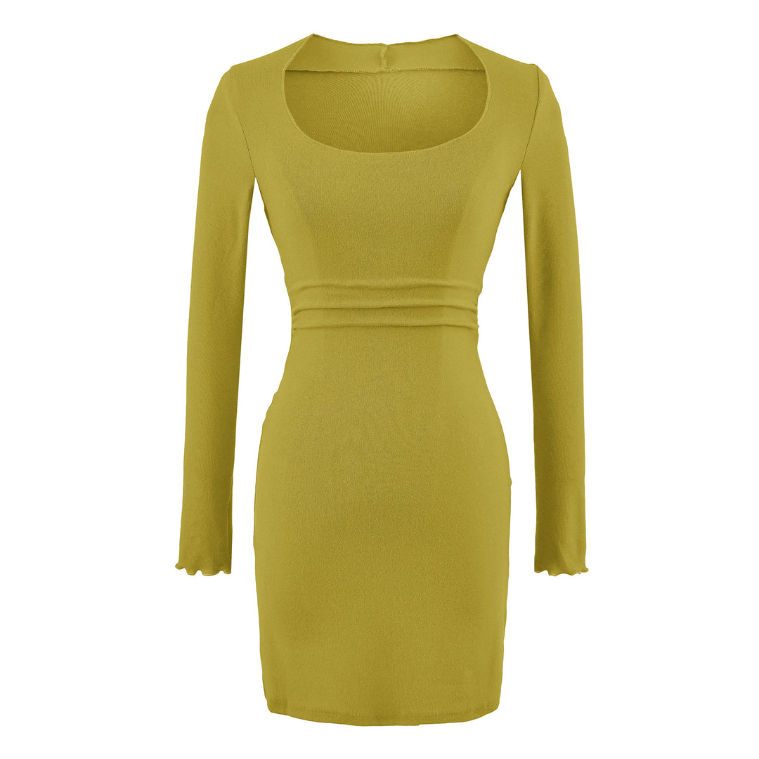 Women's Fitted Midi Dress with Square Neckline and Waist Ruching