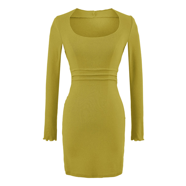 Women's Fitted Midi Dress with Square Neckline and Waist Ruching