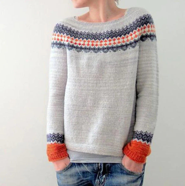 Women's patterned Norwegian knit sweater with wide round neckline and casual oversized fit Mune Fashion