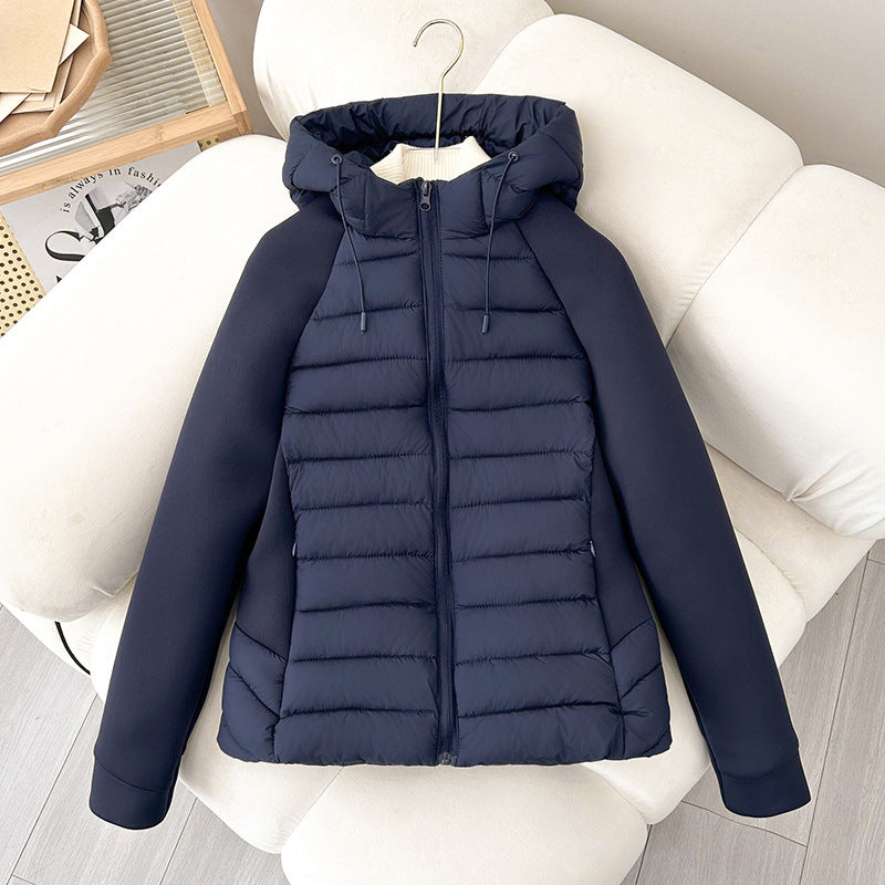 Women Lightweight Hybrid Puffer Jacket with Hood and Softshell Sleeves Mune Fashion