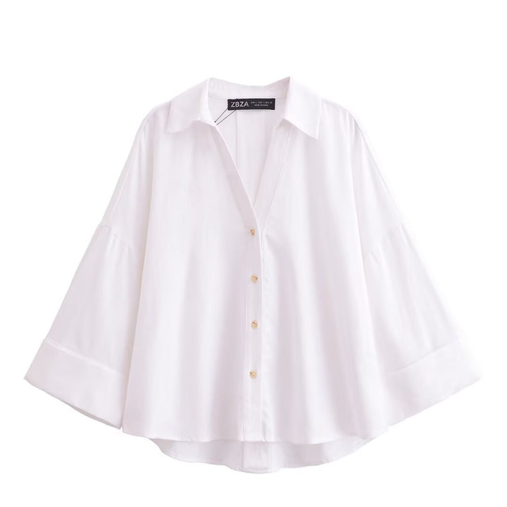 Women's relaxed oversized shirt blouse with wide collar and three-quarter sleeves Mune Fashion