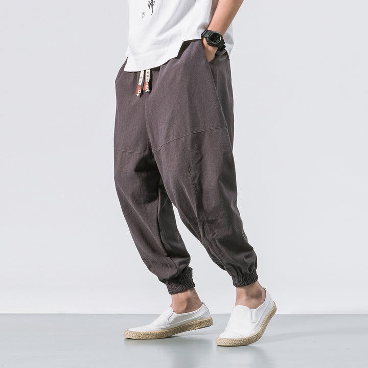 Men's relaxed fit linen joggers with drawstring, inset knee panels, and elastic cuffs Mune Fashion