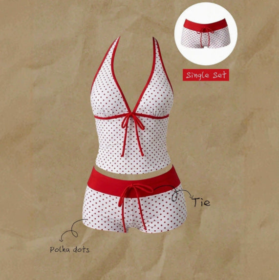 Women's tankini with fashionable polka dot pattern and adjustable halter Mune Fashion