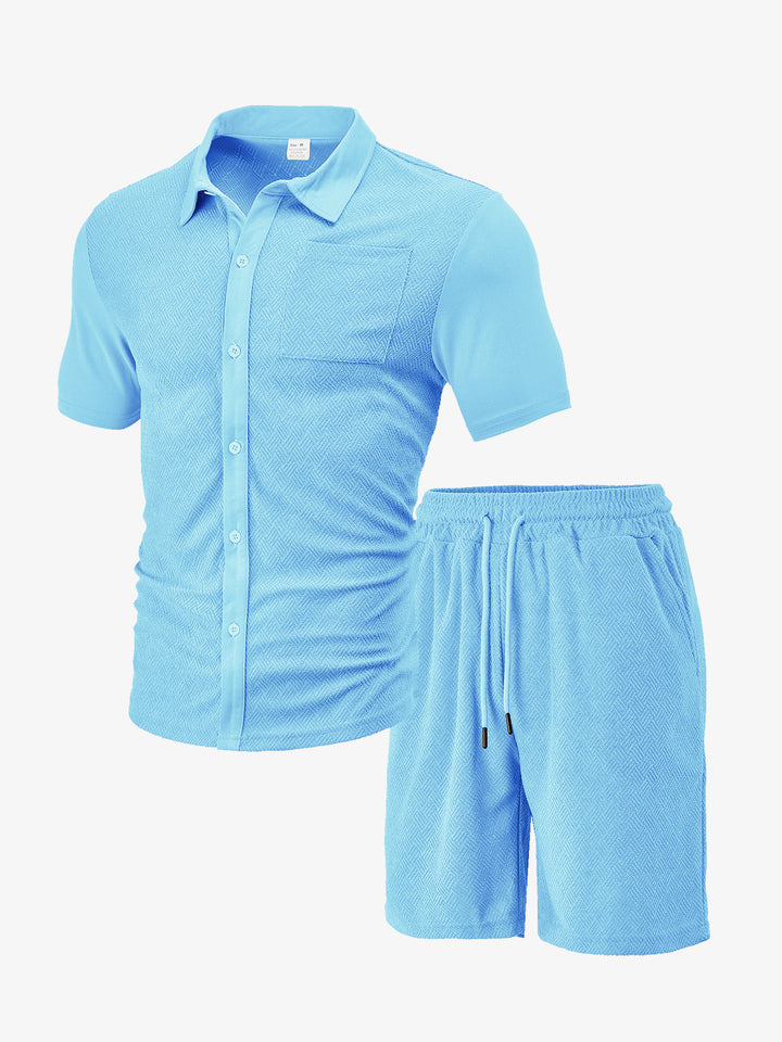 Men's buttoned leisure set with shirt collar herringbone structure chest pocket and drawstring shorts Mune Fashion