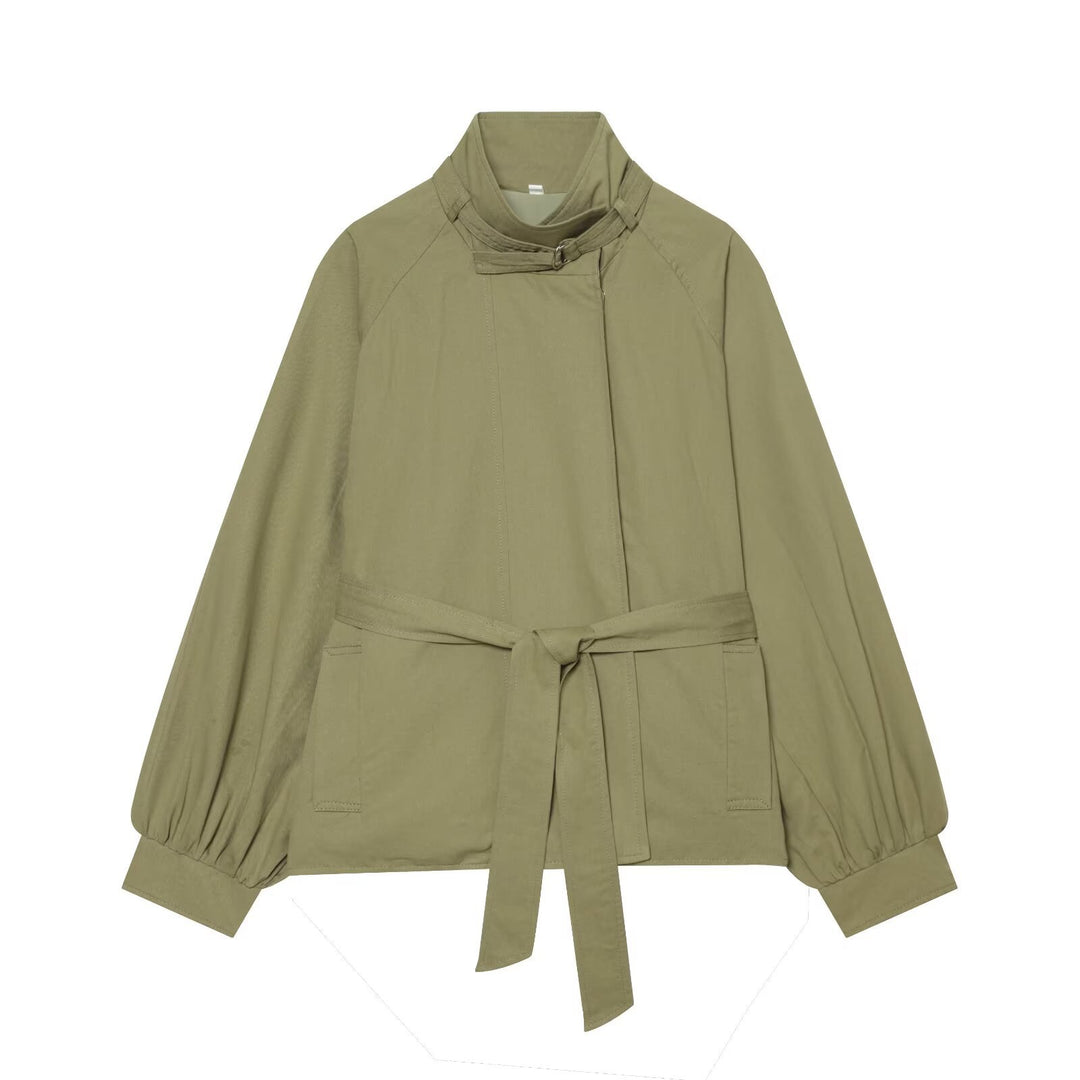 Women's Short Cape Trench Coat with Waist Belt and Funnel Collar Mune Fashion