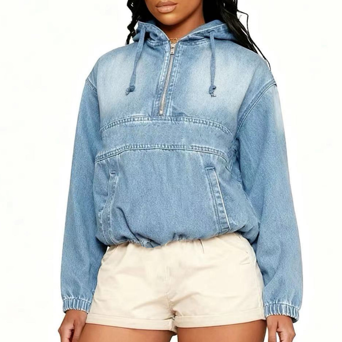 Women's Jeans Hoodie with Half Zip, Hood and Elastic Hem Mune Fashion