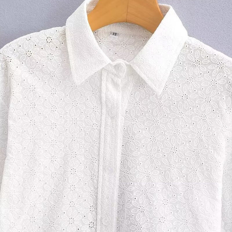 Women's Short-Cut Eyelet Embroidery Blouse with Shirt Collar and Long Ties Mune Fashion