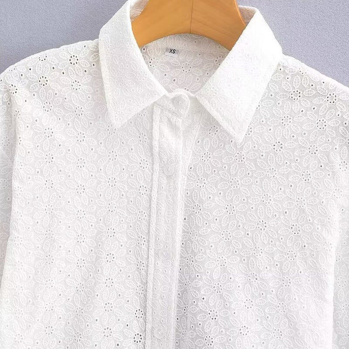 Women's Short-Cut Eyelet Embroidery Blouse with Shirt Collar and Long Ties Mune Fashion