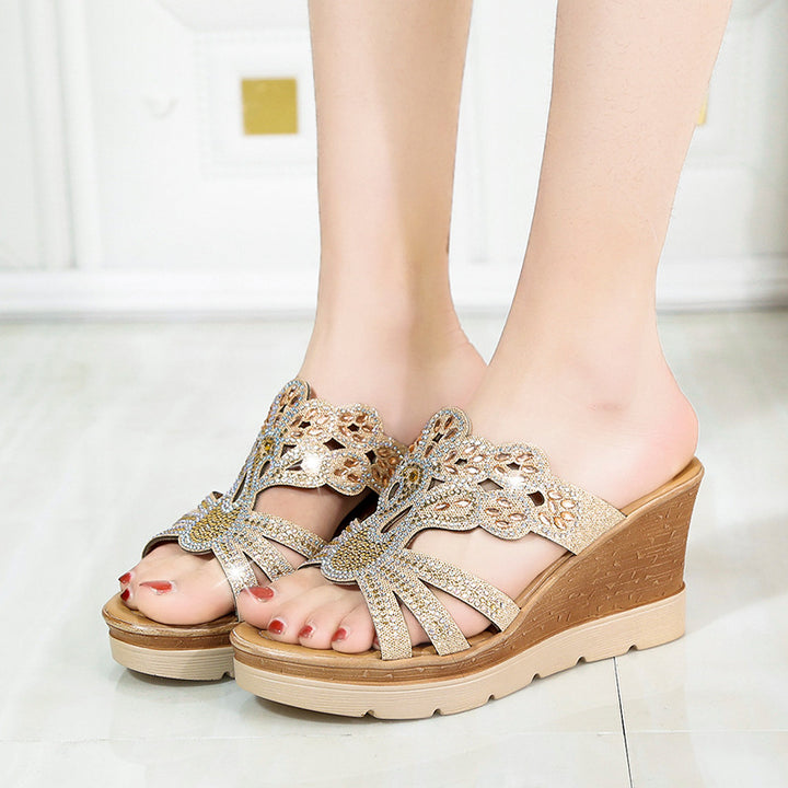 Women's ornamental wedge sandals with curved strap design and cushioned comfort footbed Mune Fashion