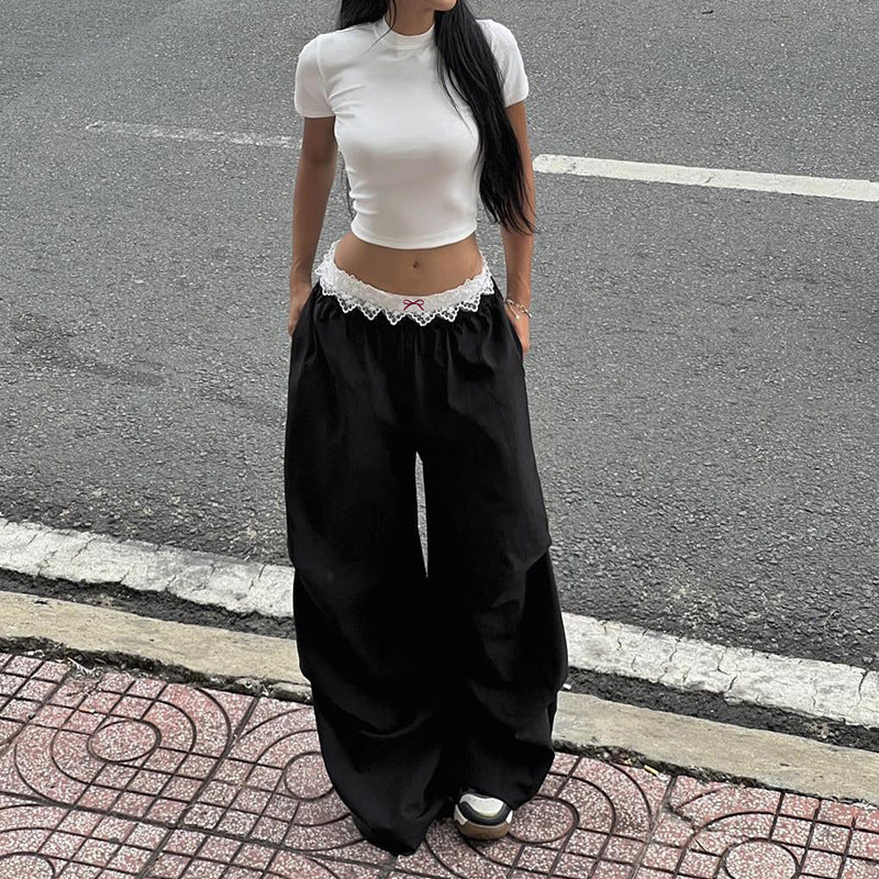 Women's Casual Layered Trousers with Lace Waistband and Decorative Bow Mune Fashion