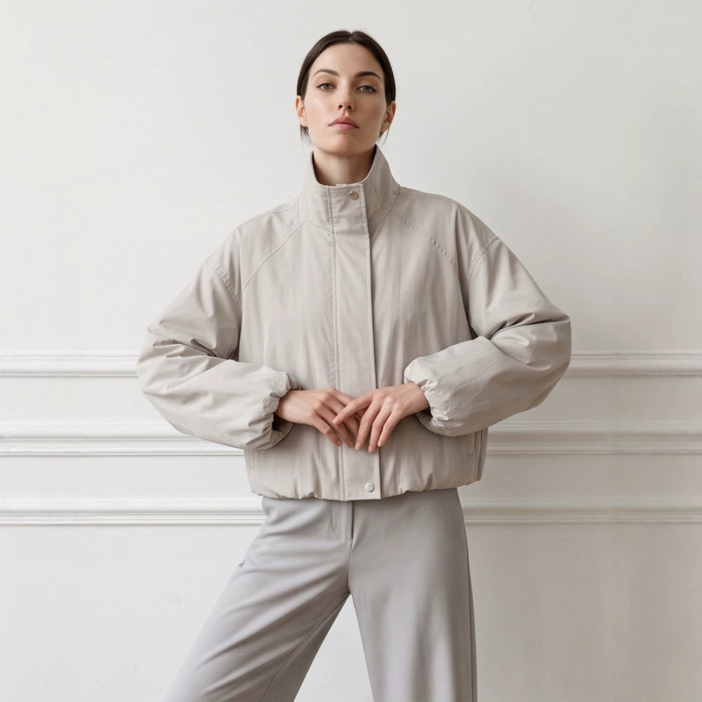 Women's Short Cut Stand Collar Bomber Jacket with Elastic Hem and Raglan Sleeves Mune Fashion