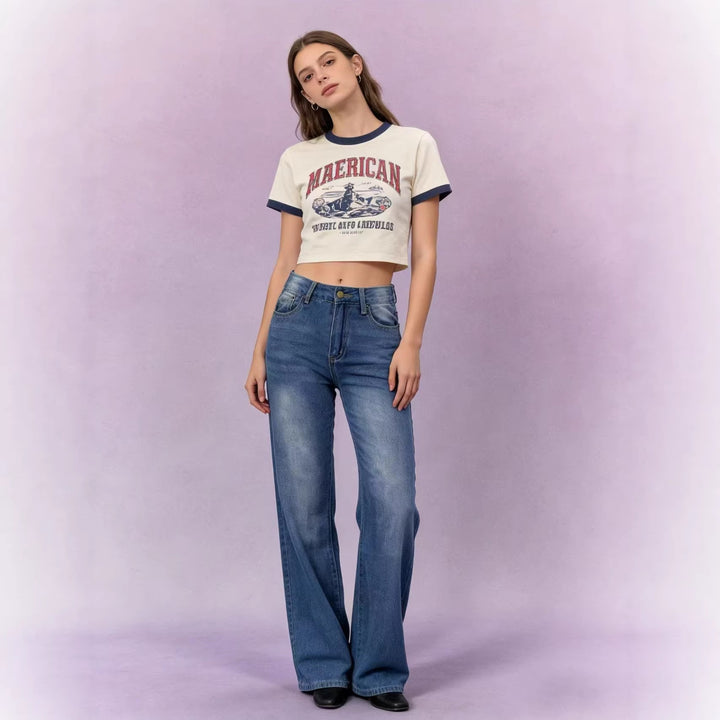 Women's high-waisted jeans with a slim hip fit and wide flare in retro style Mune Fashion
