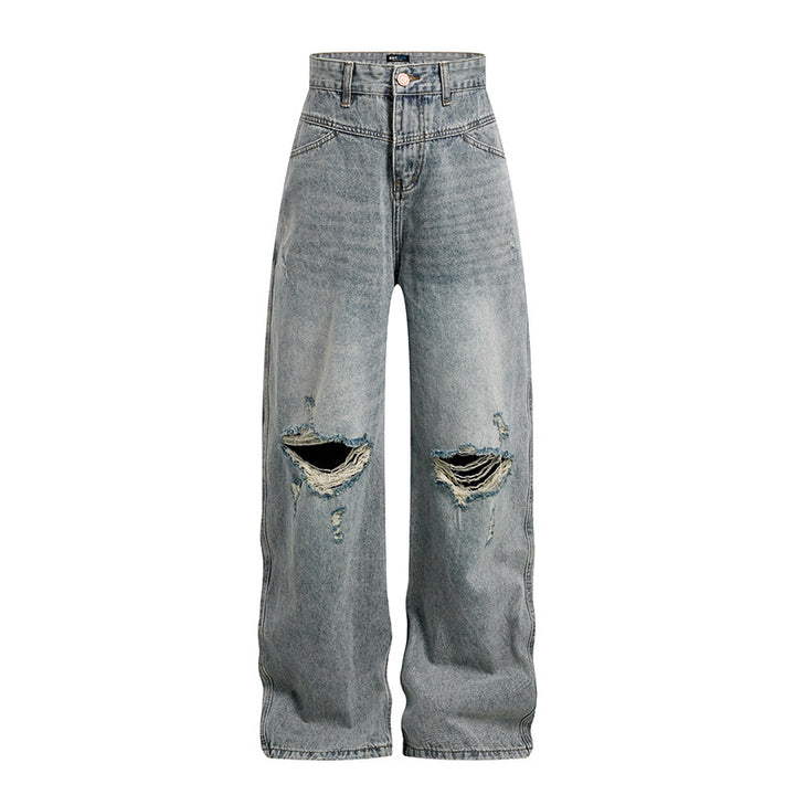 Women's Wide High-Cut Palazzo Jeans with Destroyed Knee Part