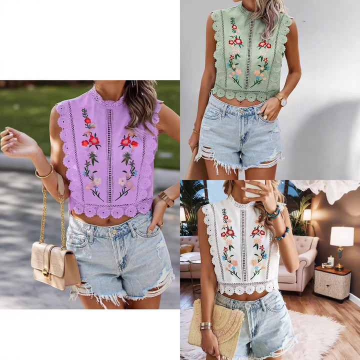 Women Embroidered Lace Cropped Top with Stand-Up Collar and Crochet Edges Mune Fashion