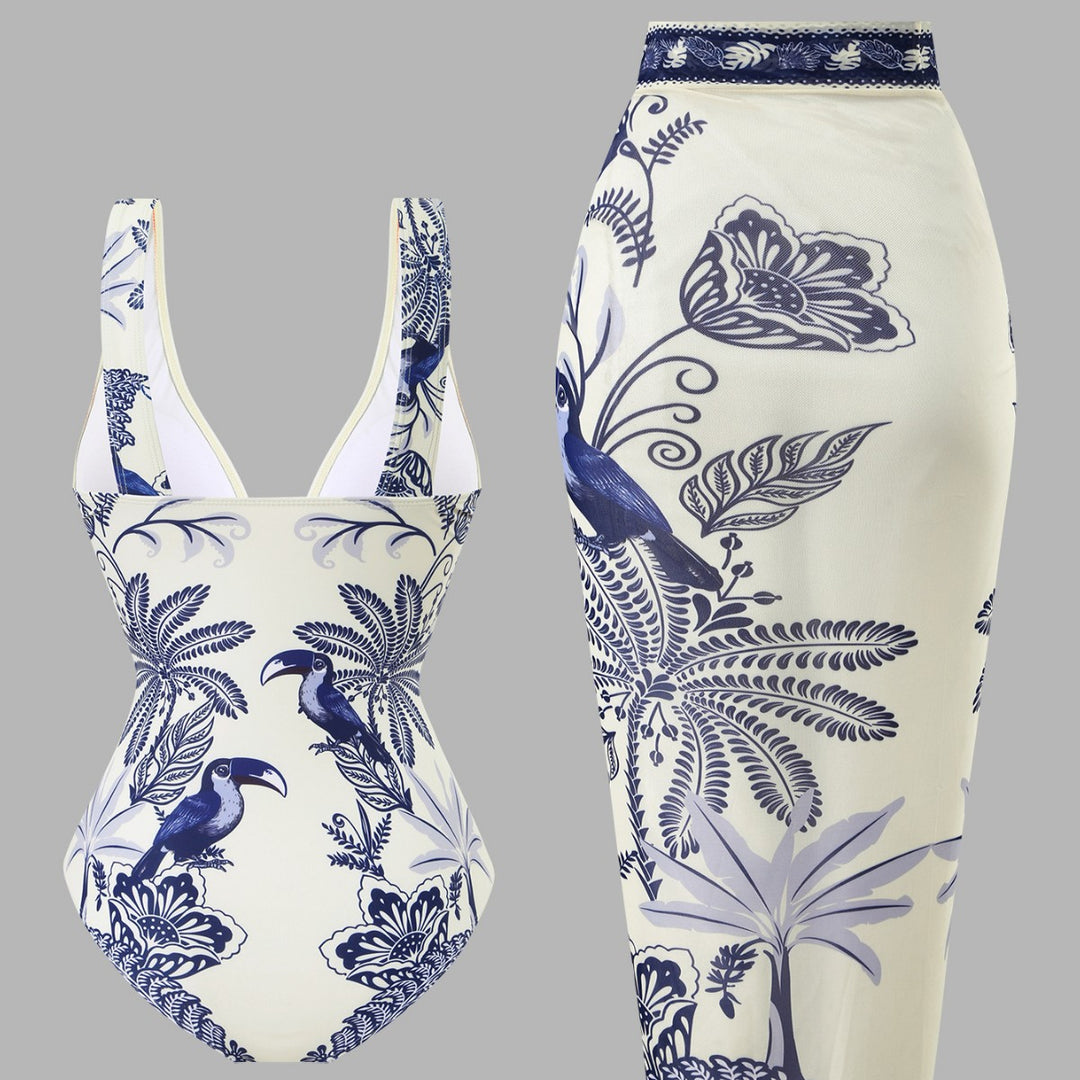Women's One-Piece Swimsuit with Floral Design and Elegant Wrap Skirt Mune Fashion