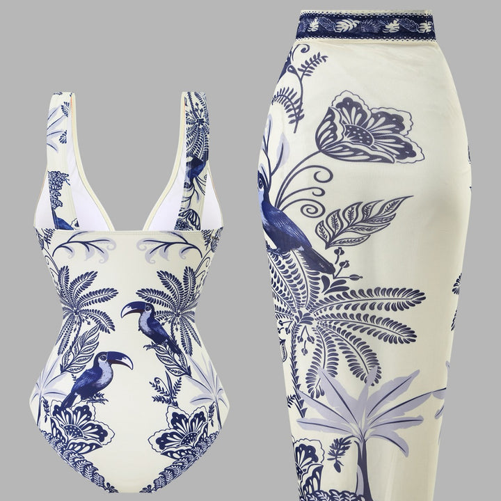 Women's One-Piece Swimsuit with Floral Design and Elegant Wrap Skirt Mune Fashion