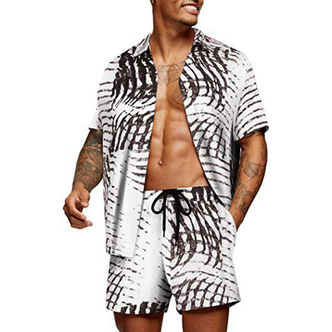 Men's tropical short sleeve shirt and swim shorts set with lapel collar, drawstring, and practical side pockets Mune Fashion